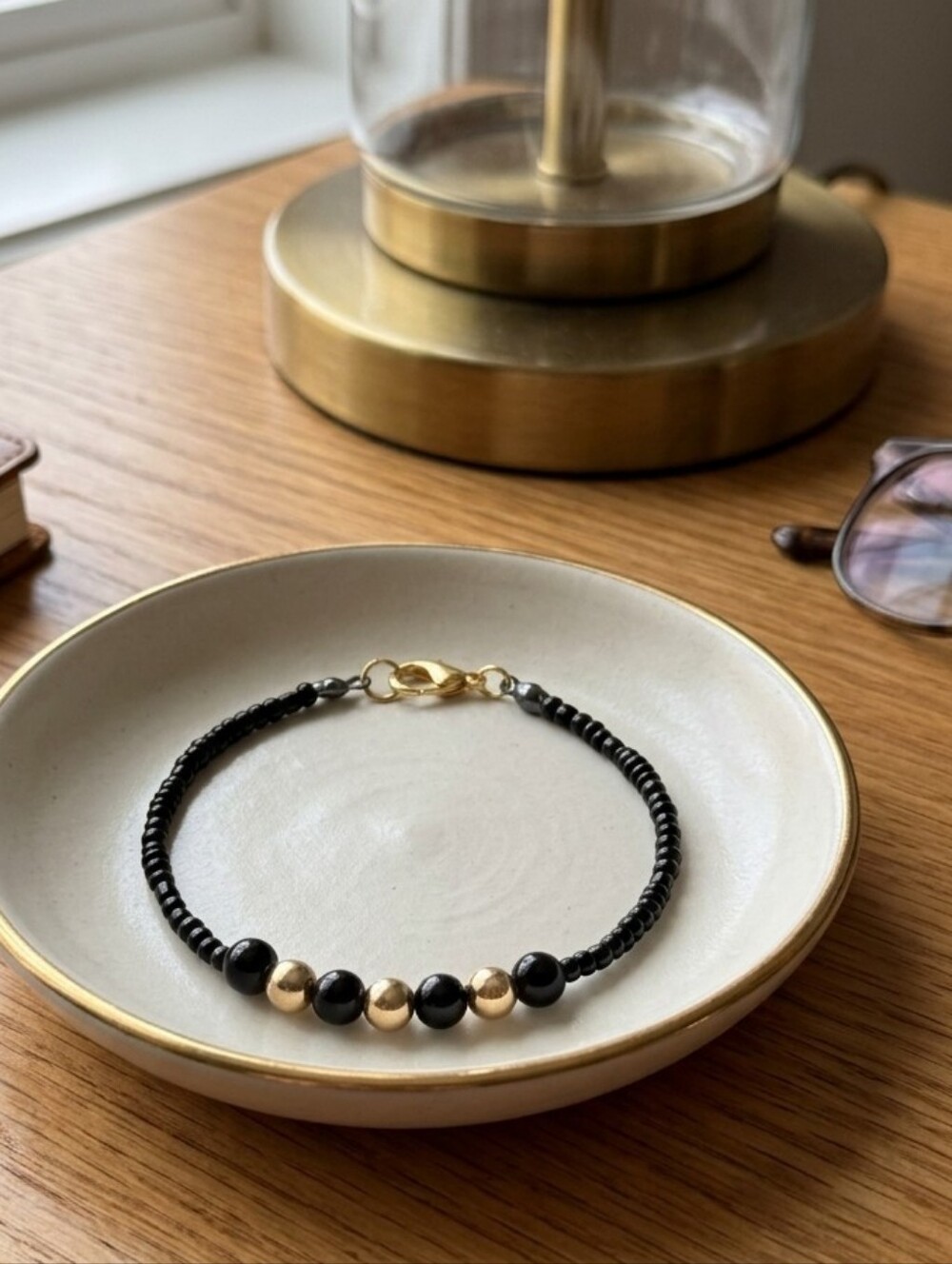 Handcrafted One Of A Kind Black And Gold Bead Bracelet